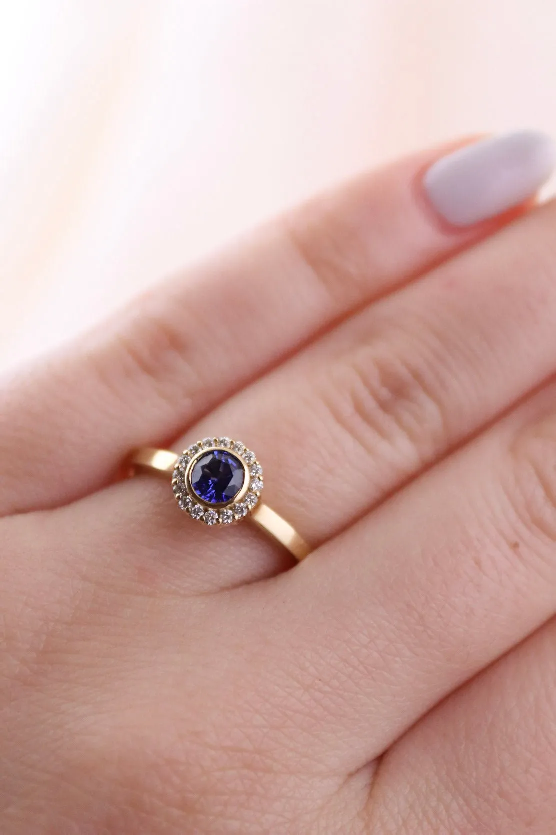 14K Evil Eye Blue Sapphire Halo Ring