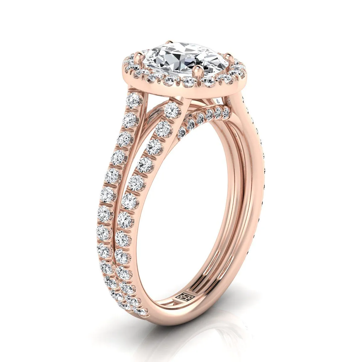 14K Rose Gold Oval Diamond Halo Two Row Pavé Split Shank Engagement Ring -7/8ctw