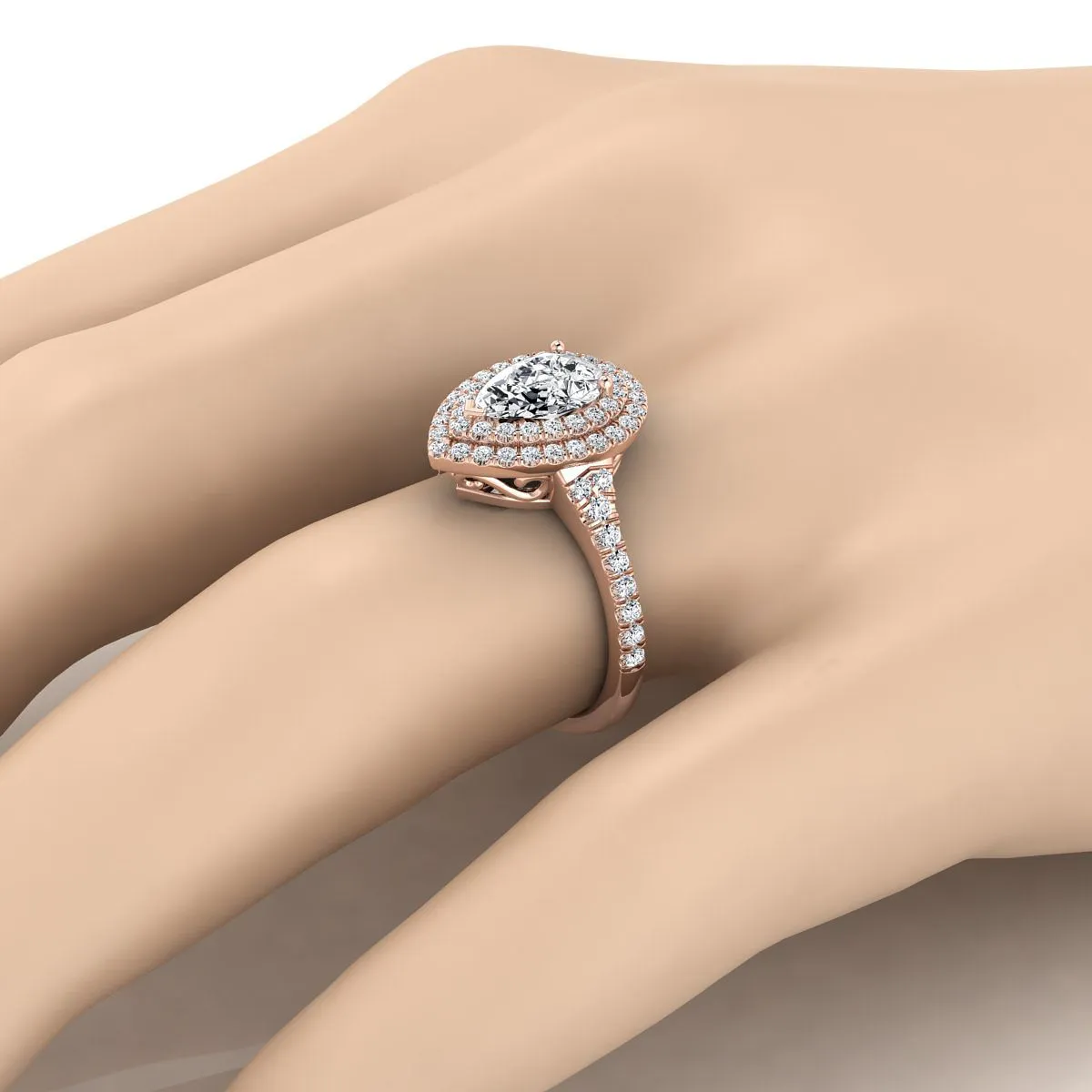 14K Rose Gold Pear Shape Center Diamond Double Halo Scalloped Pavé Engagement Ring -1/2ctw