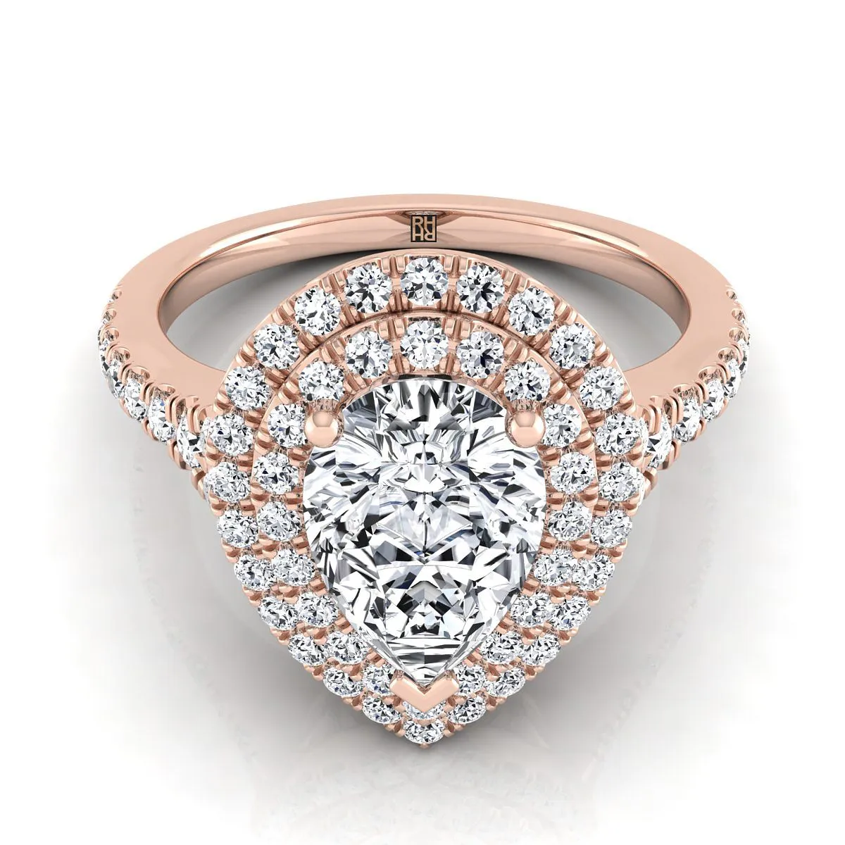 14K Rose Gold Pear Shape Center Diamond Double Halo Scalloped Pavé Engagement Ring -1/2ctw