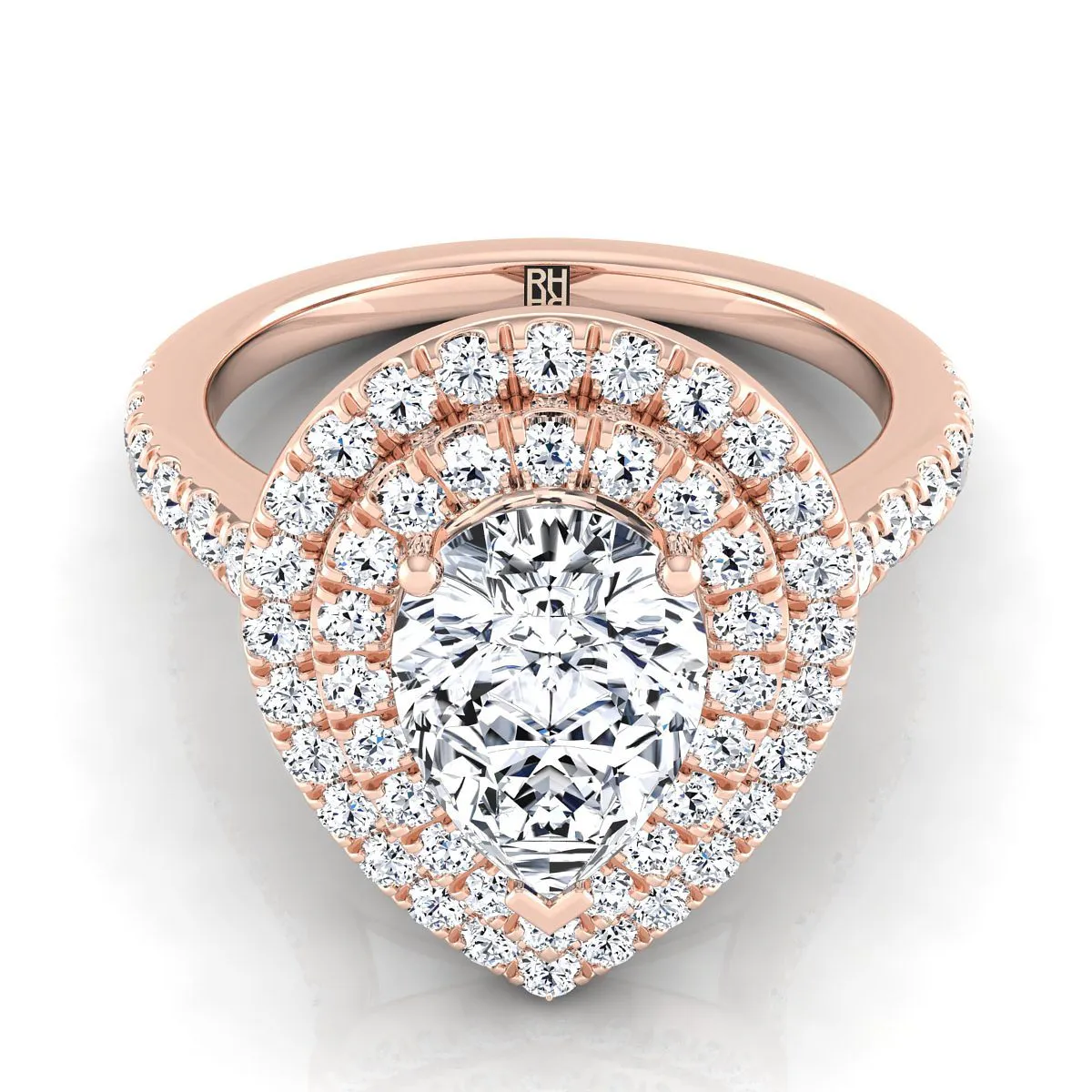 14K Rose Gold Pear Shape Center Double Pave Halo with Linear Diamond Engagement Ring -7/8ctw