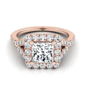 14K Rose Gold Princess Cut Diamond Simple Prong Halo Split Shank Engagement Ring -1/2ctw