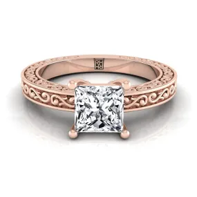 14K Rose Gold Princess Cut Hand Engraved Scroll Vintage Solitaire Engagement Ring