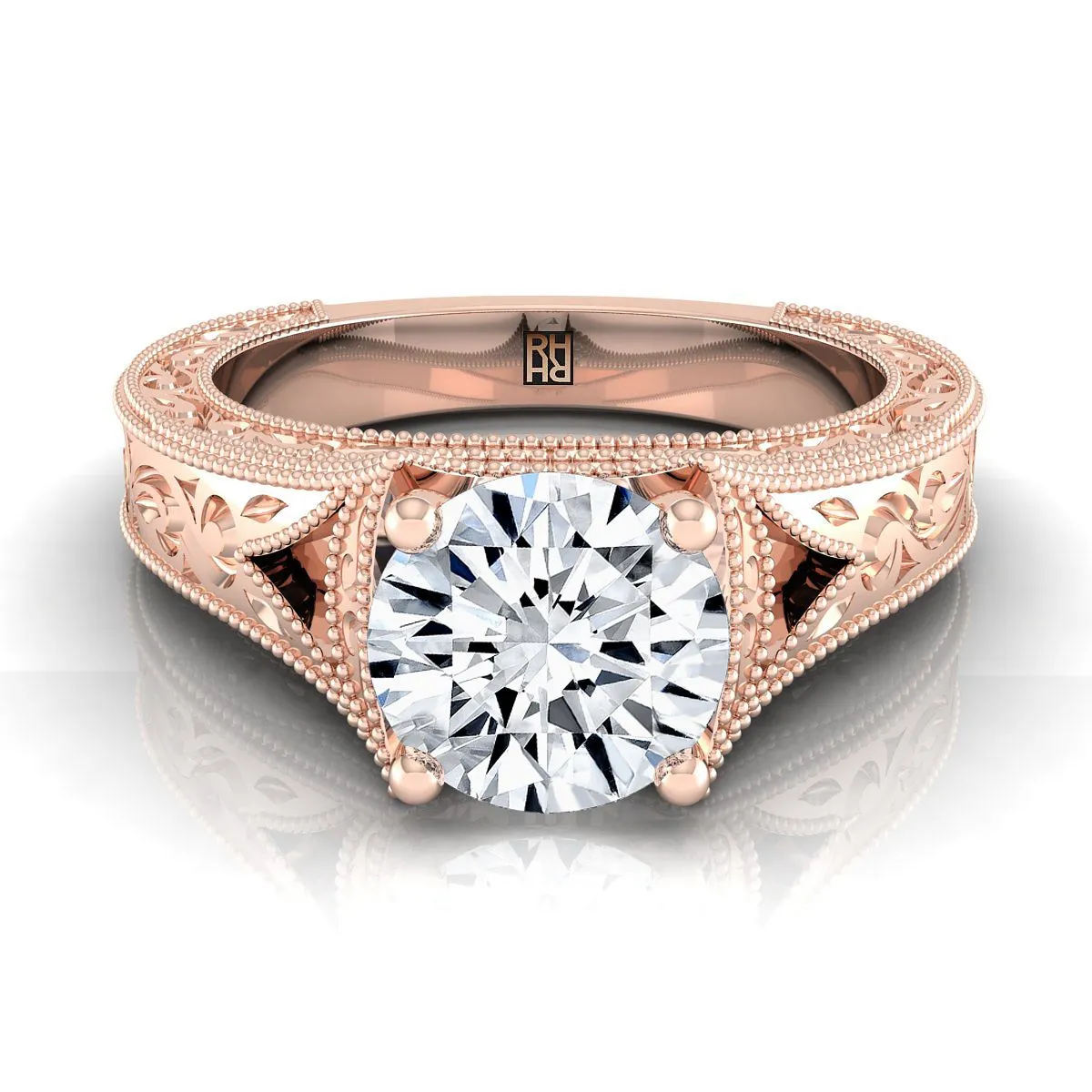 14K Rose Gold Round Brilliant  Hand Engraved and Milgrain Vintage Solitaire Engagement Ring