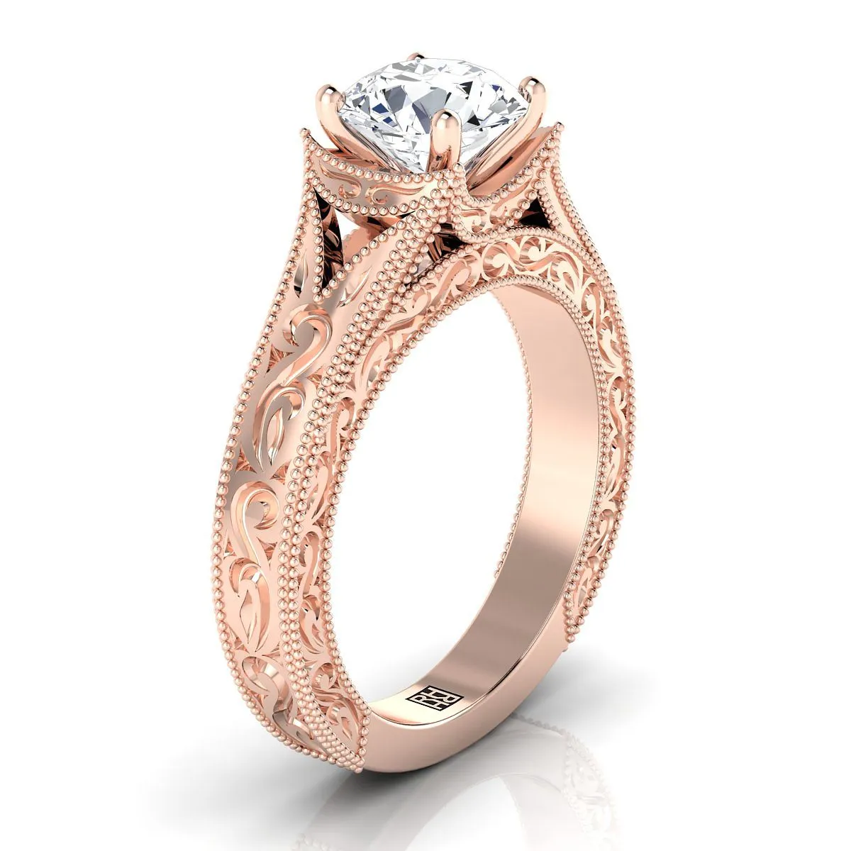 14K Rose Gold Round Brilliant  Hand Engraved and Milgrain Vintage Solitaire Engagement Ring