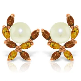 14K Solid Rose Gold Stud Earrings w/ Garnets, Citrines & Pearls