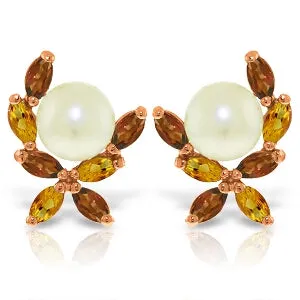 14K Solid Rose Gold Stud Earrings w/ Garnets, Citrines & Pearls