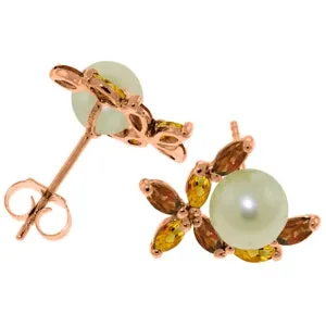14K Solid Rose Gold Stud Earrings w/ Garnets, Citrines & Pearls