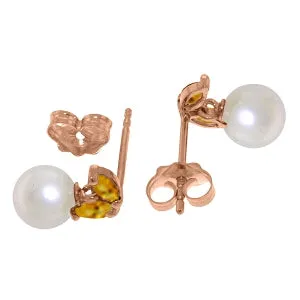 14K Solid Rose Gold Stud Earrings w/ Pearls & Citrines