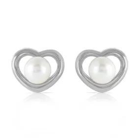 14K Solid White Gold Heartstud Earrings w/ Natural Pearls