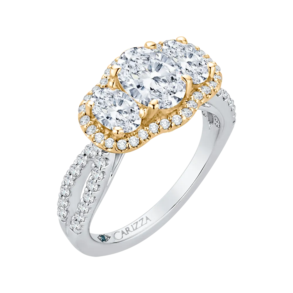 14K Two Tone Gold Oval Cut Diamond Three Stone Halo Engagement Ring (Semi Mount)