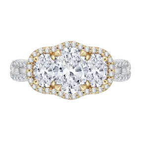 14K Two Tone Gold Oval Cut Diamond Three Stone Halo Engagement Ring (Semi Mount)