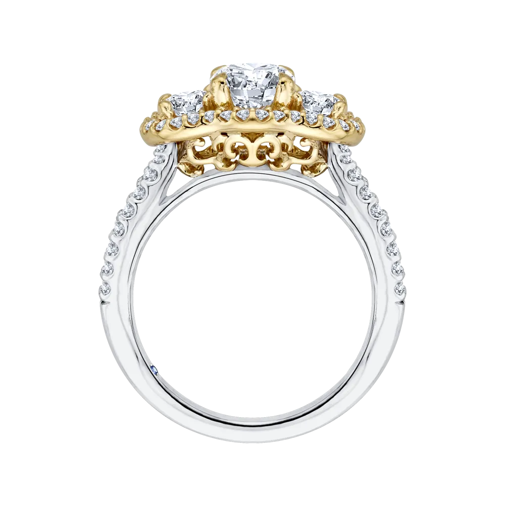 14K Two Tone Gold Oval Cut Diamond Three Stone Halo Engagement Ring (Semi Mount)