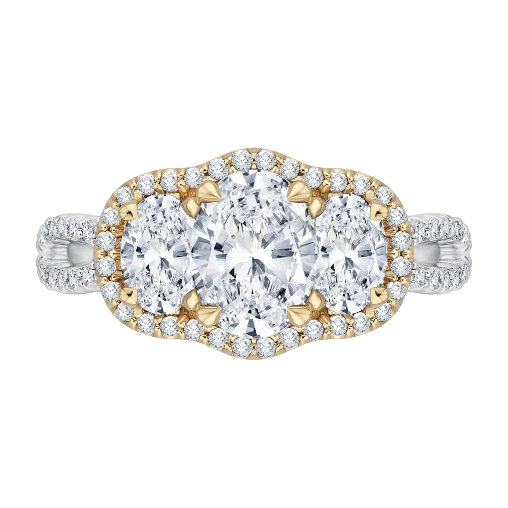 14K Two Tone Gold Oval Cut Diamond Three Stone Halo Engagement Ring (Semi Mount)