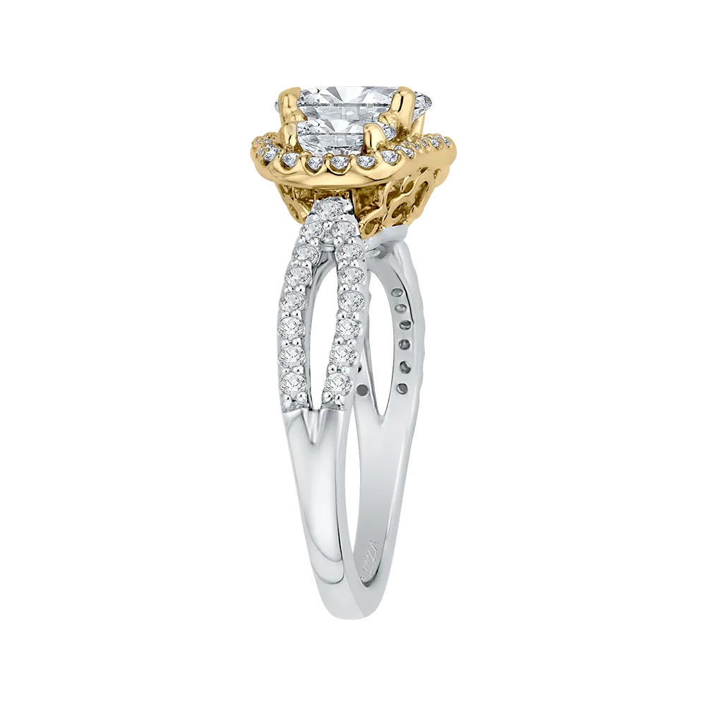 14K Two Tone Gold Oval Cut Diamond Three Stone Halo Engagement Ring (Semi Mount)