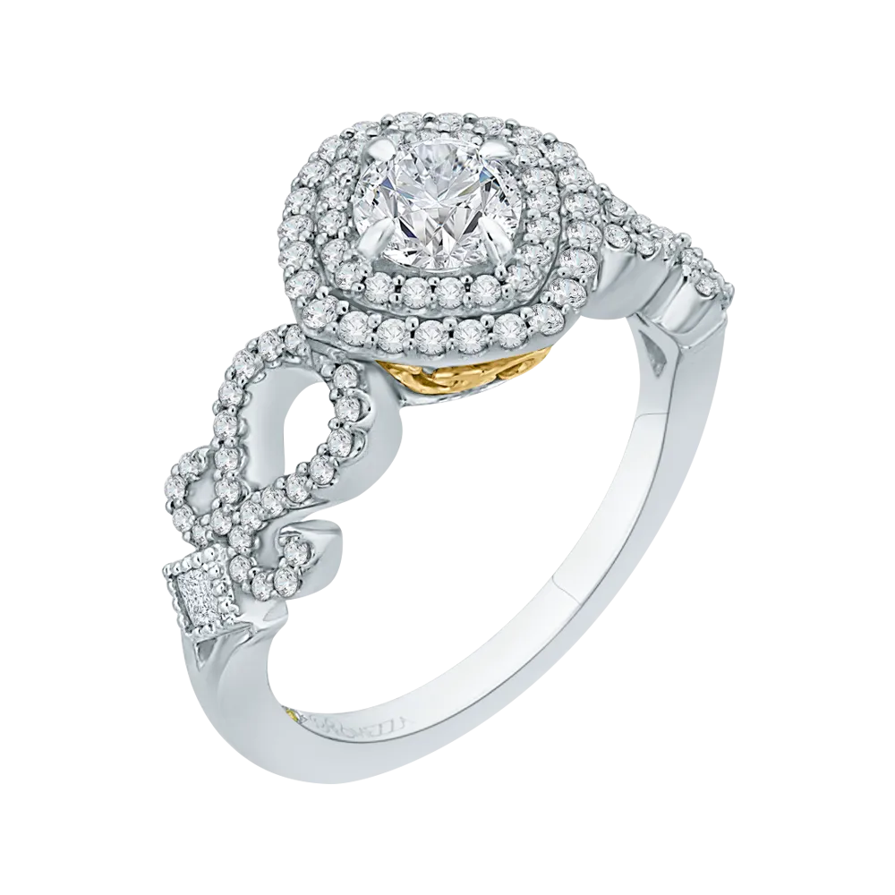 14K Two Tone Gold Round Diamond Double Halo Engagement Ring