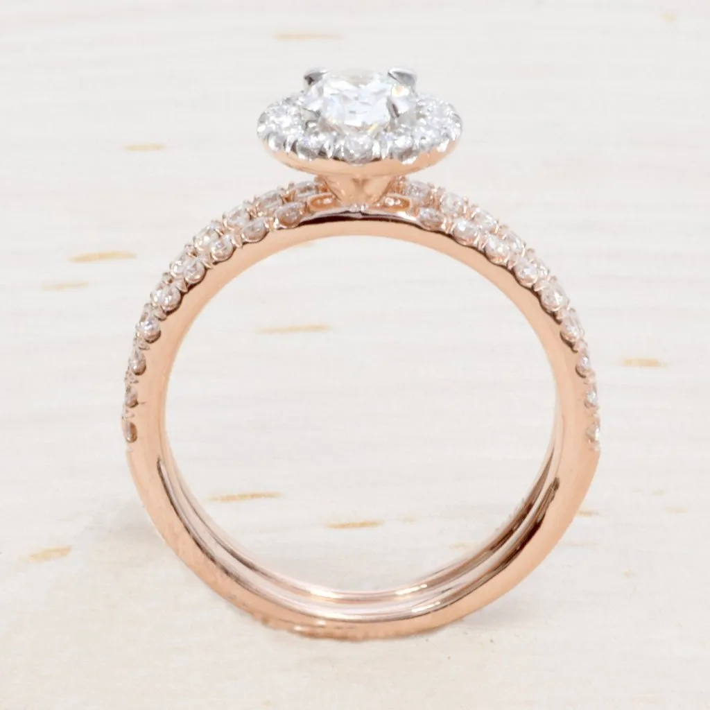 14K White & Rose Gold Oval Diamond Halo Engagement Set