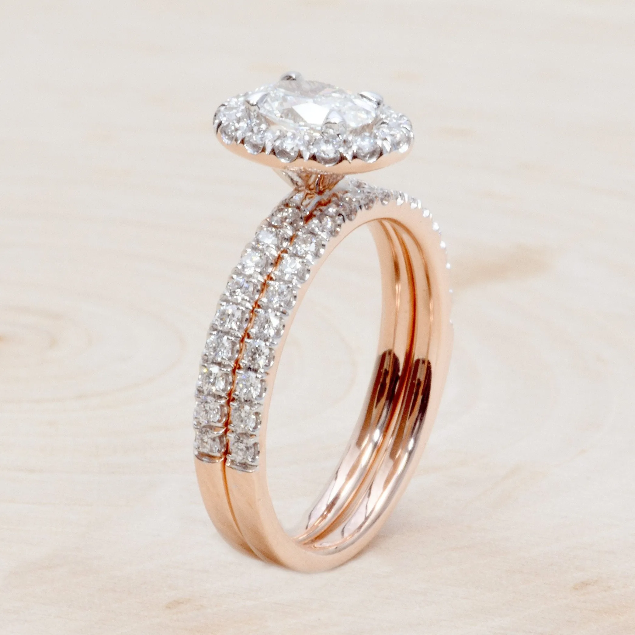 14K White & Rose Gold Oval Diamond Halo Engagement Set