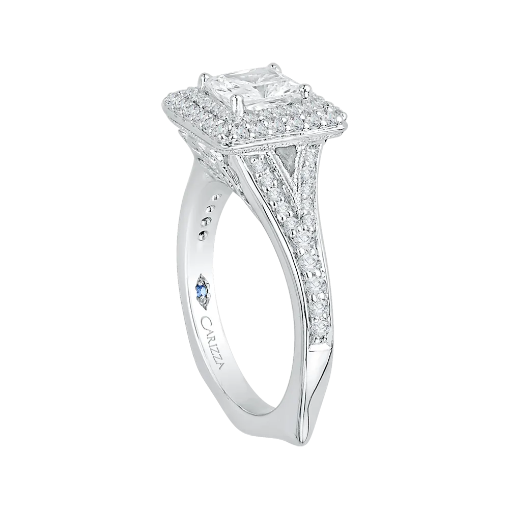 14K White Gold Cushion Diamond Double Halo Engagement Ring with Split Shank (Semi Mount)