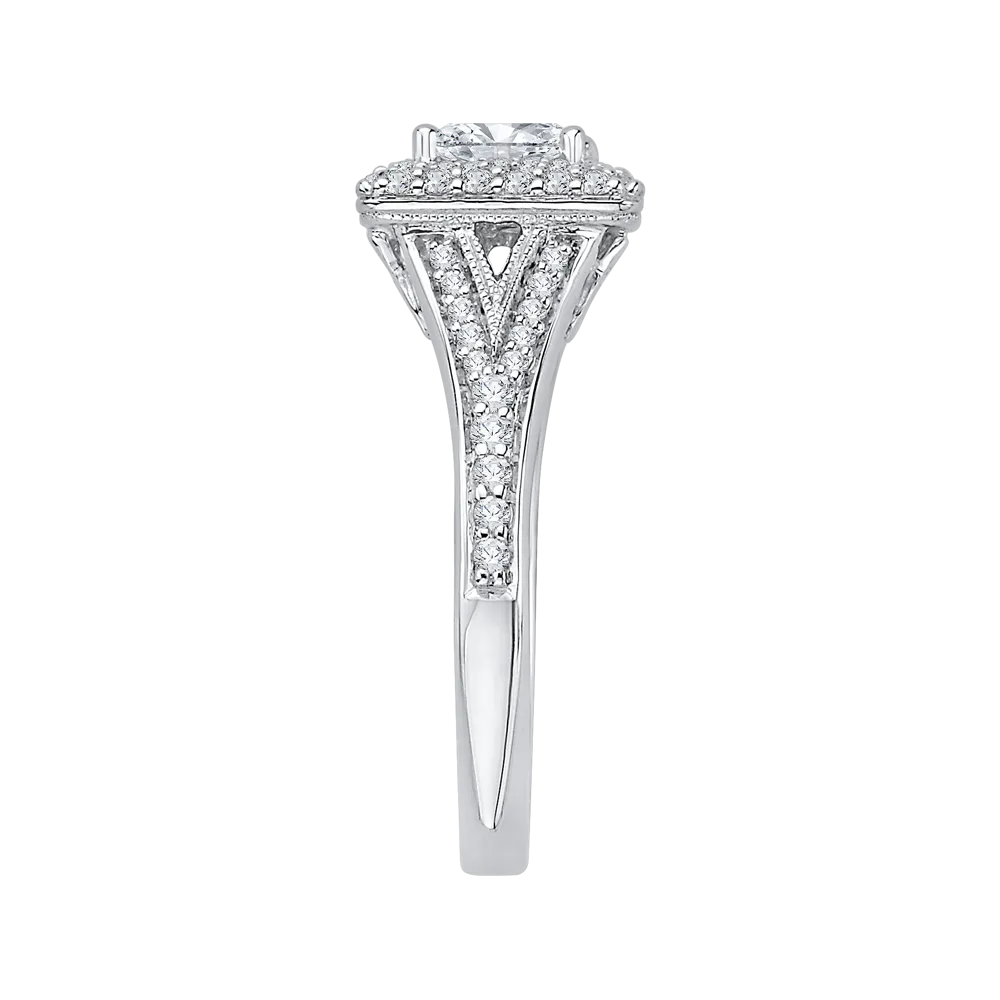 14K White Gold Cushion Diamond Double Halo Engagement Ring with Split Shank (Semi Mount)
