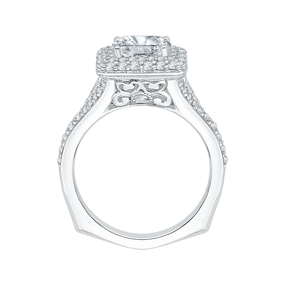14K White Gold Cushion Diamond Double Halo Engagement Ring with Split Shank (Semi Mount)