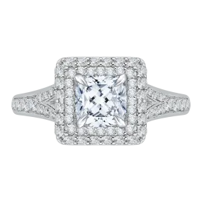 14K White Gold Cushion Diamond Double Halo Engagement Ring with Split Shank (Semi Mount)