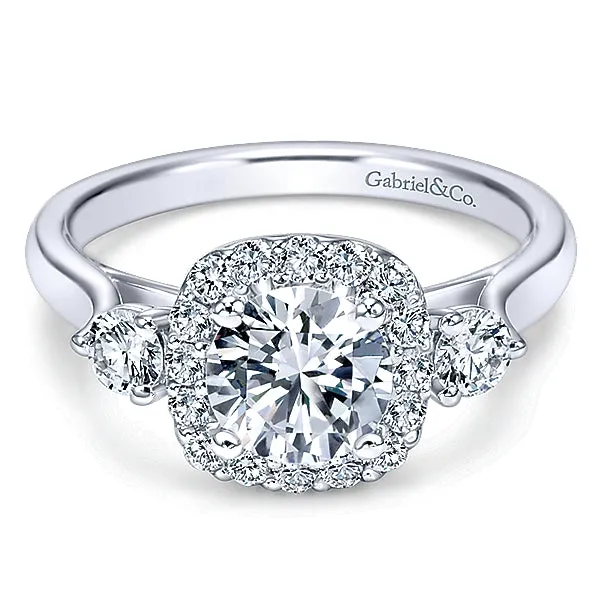 14K White Gold - Three Stone Diamond Halo Ring - J31766