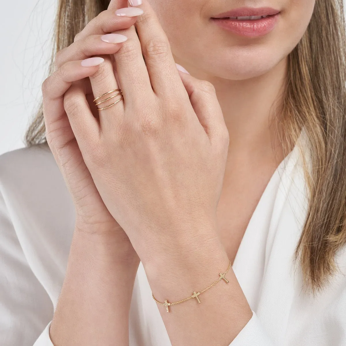 14K Yellow Gold Triple Cross with Diamond Bracelet