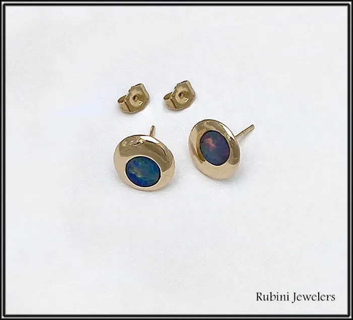 14Kt Gold Domed Circle with Doublet Opal Earrings