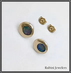 14Kt Gold Domed Circle with Doublet Opal Earrings
