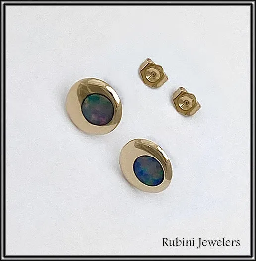 14Kt Gold Domed Circle with Doublet Opal Earrings