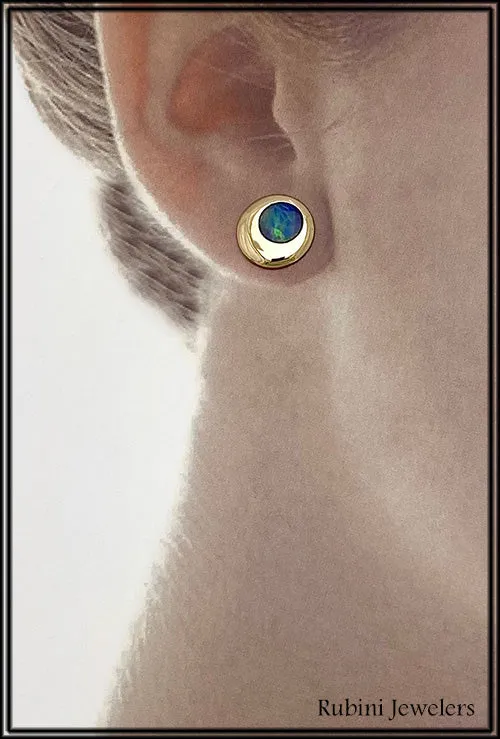 14Kt Gold Domed Circle with Doublet Opal Earrings