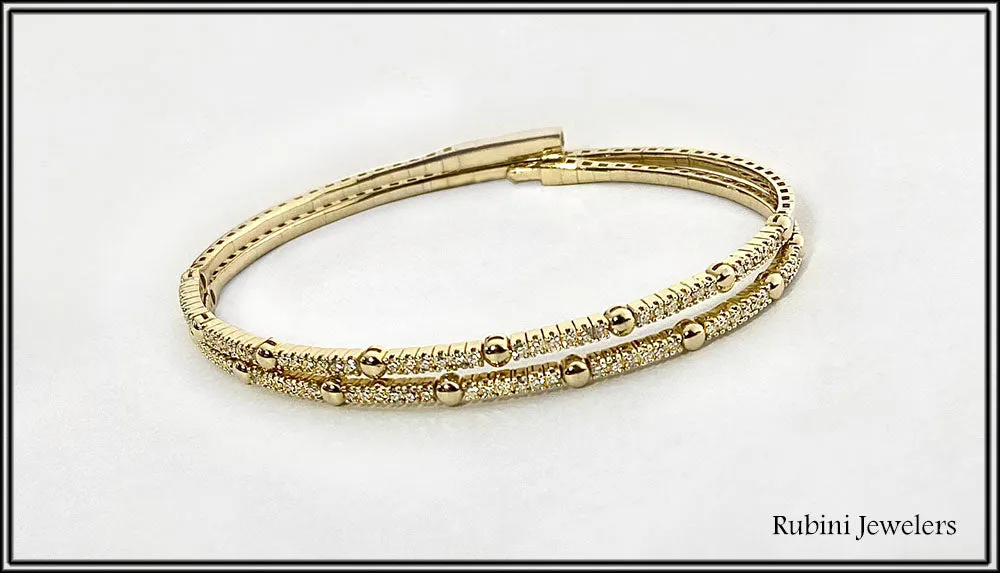 14Kt Yellow Gold Double Flexible Bangle Bracelet with Diamonds