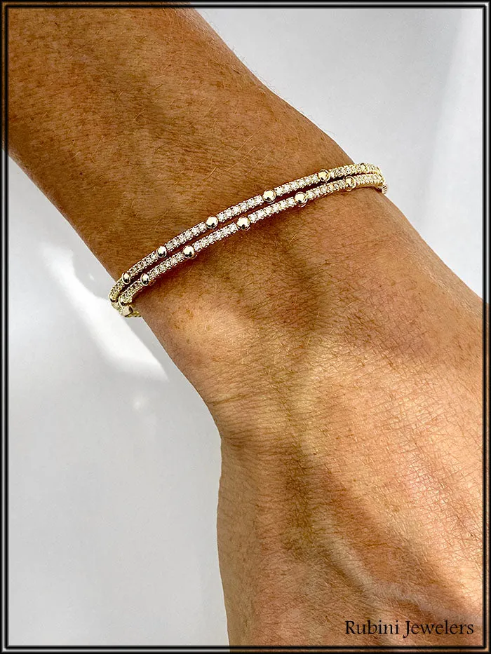 14Kt Yellow Gold Double Flexible Bangle Bracelet with Diamonds
