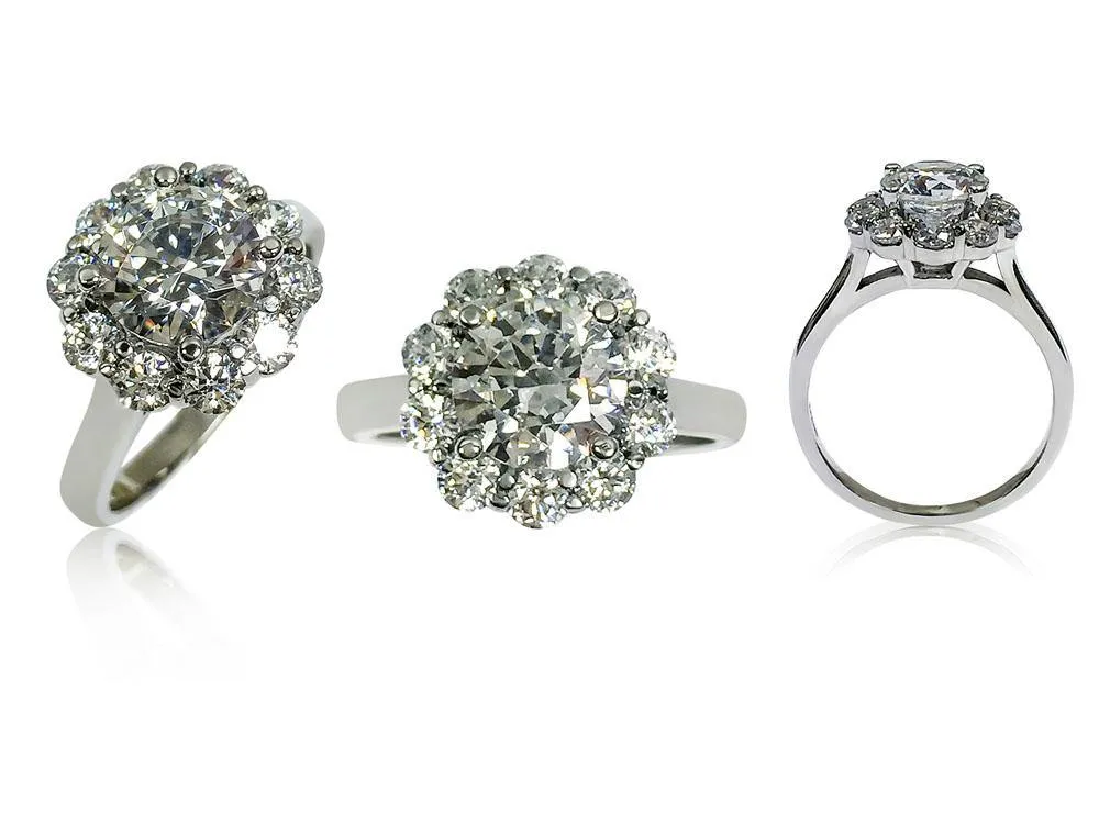 1.5 Carat High Quality Round Cubic Zirconia Engagement Ring Larger Stones Halo 14K W Gold