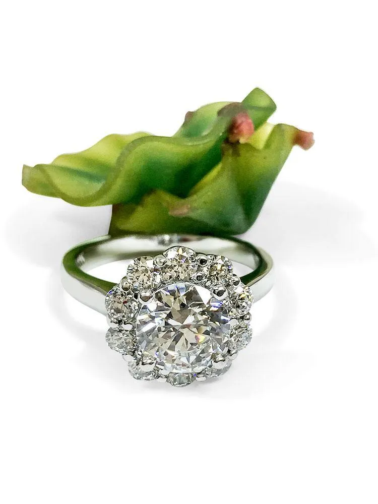 1.5 Carat High Quality Round Cubic Zirconia Engagement Ring Larger Stones Halo 14K W Gold