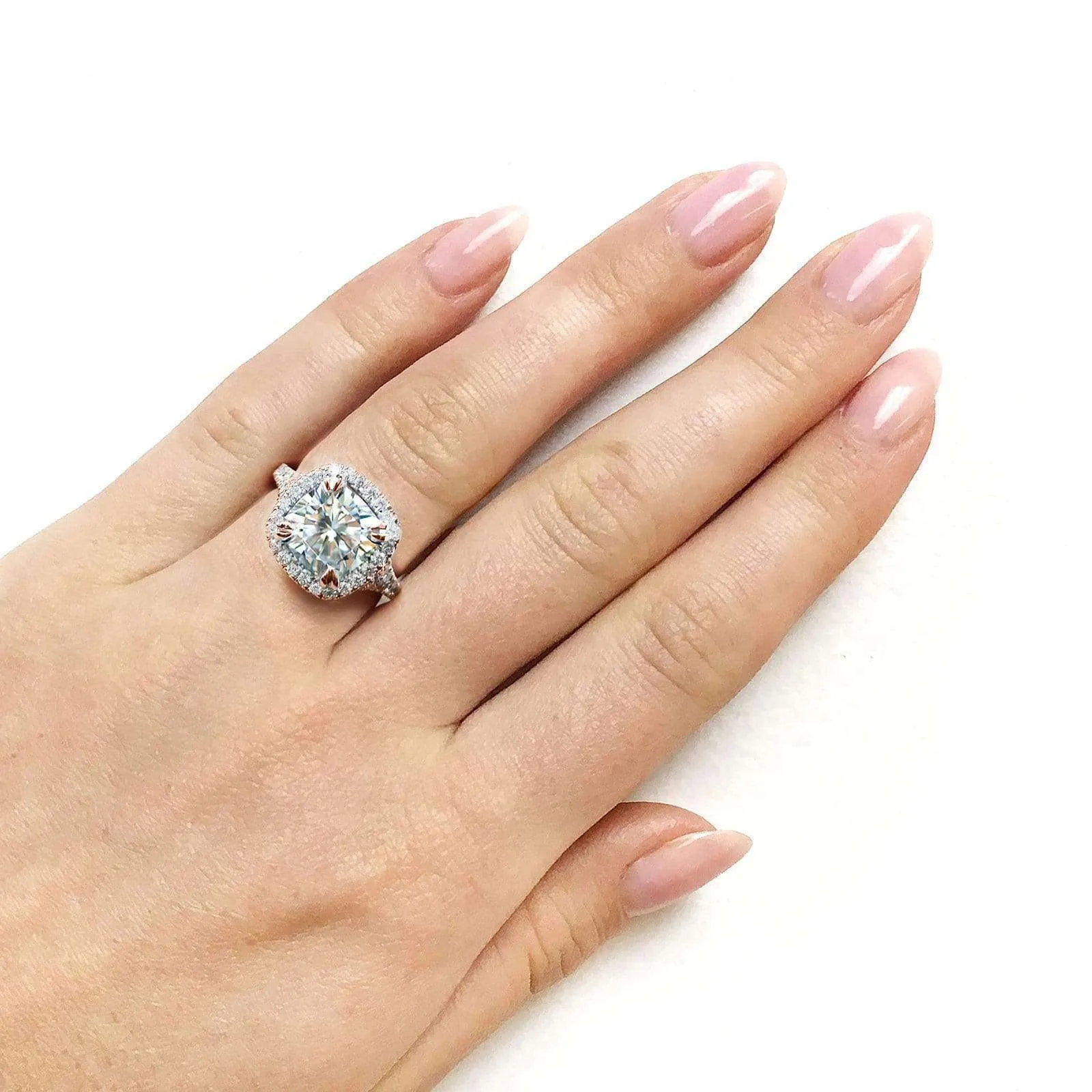 3-1/3ct.tw Bold Cushion Halo Ring- Moissanite & Natural Diamonds