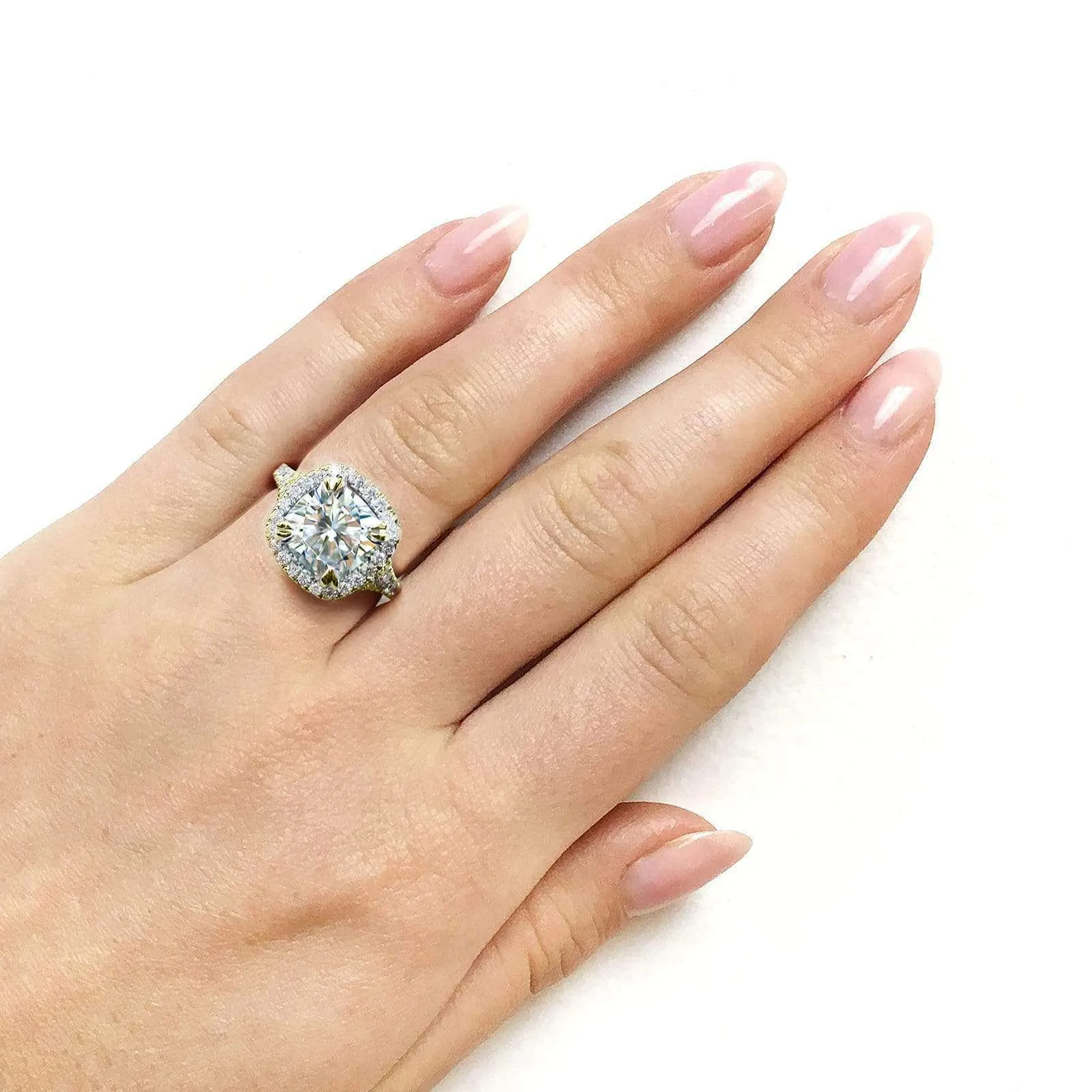3-1/3ct.tw Bold Cushion Halo Ring- Moissanite & Natural Diamonds