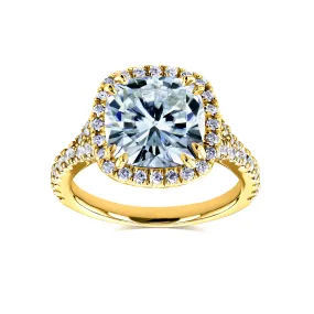 3-1/3ct.tw Bold Cushion Halo Ring- Moissanite & Natural Diamonds