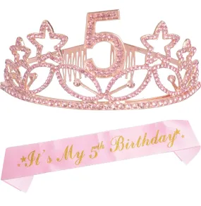 5th Birthday Gifts for Girls, 5th Birthday Tiara and Sash Pink, Happy 5th Birthday Party