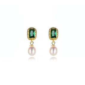925 Silver Emerald Freshwater Pearl Stud Earrings