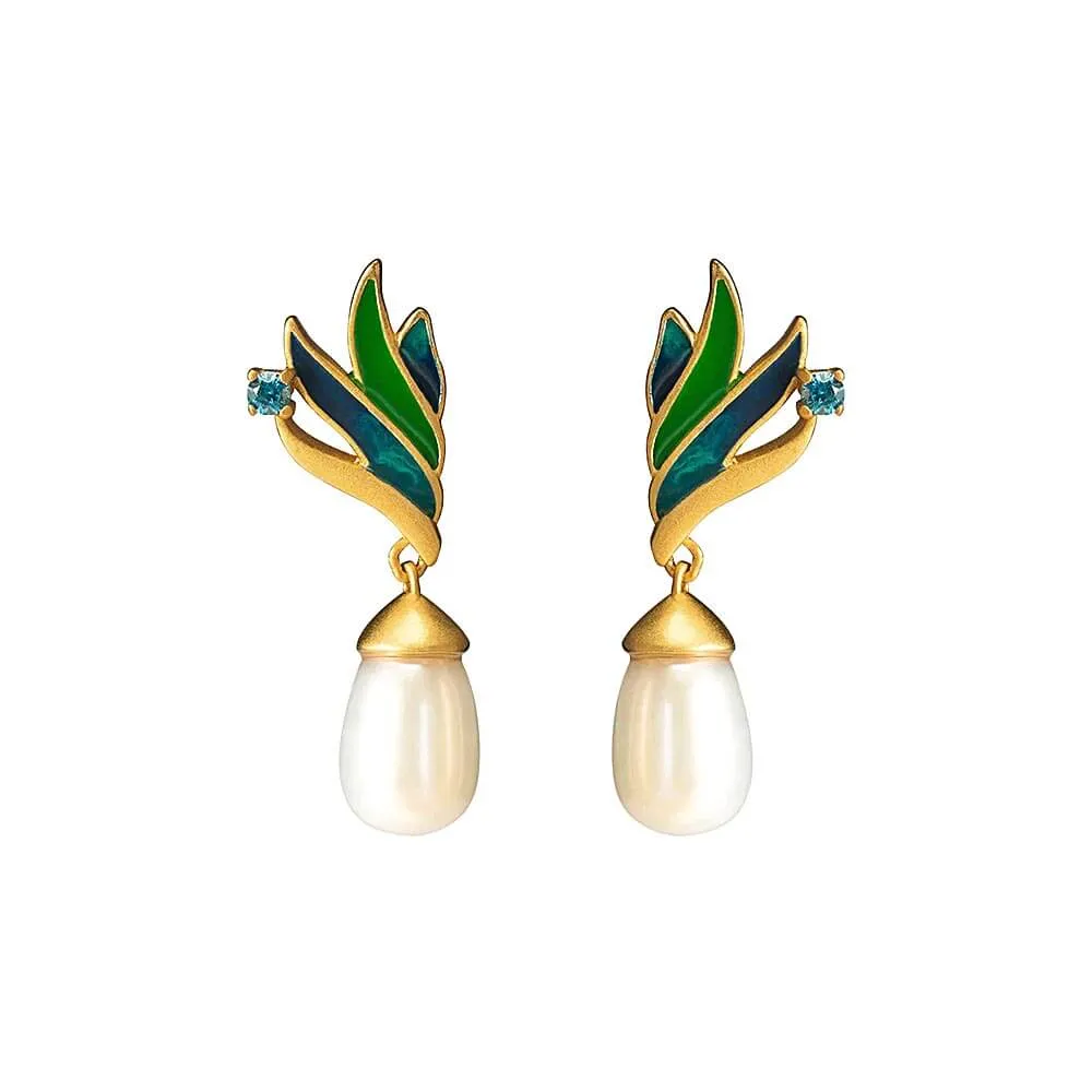 925 Silver Feather Pearl Earrings