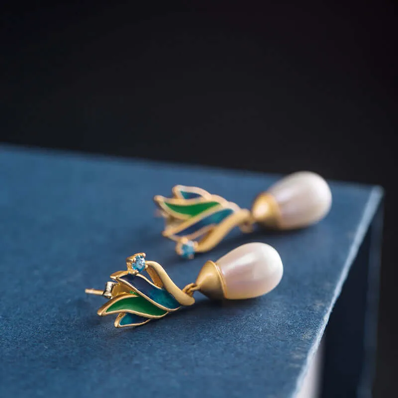 925 Silver Feather Pearl Earrings