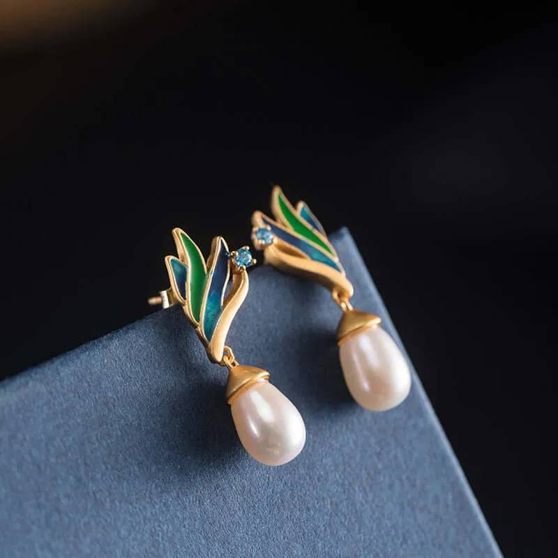 925 Silver Feather Pearl Earrings