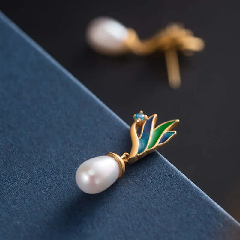 925 Silver Feather Pearl Earrings