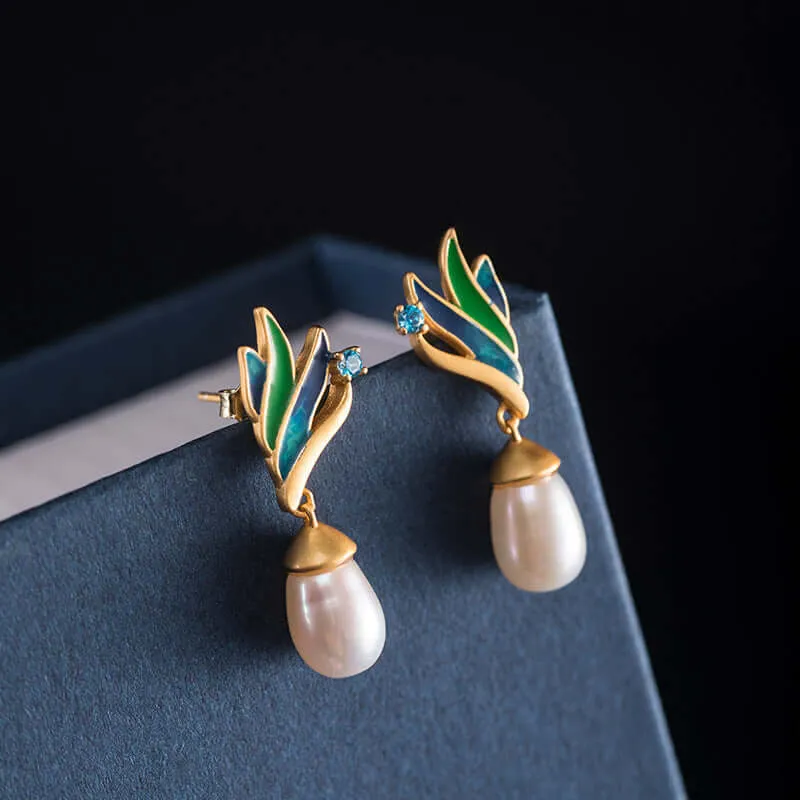 925 Silver Feather Pearl Earrings