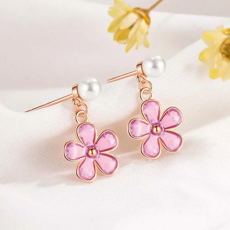 925 Silver Five Petal Flower Enamel Pearl Earrings