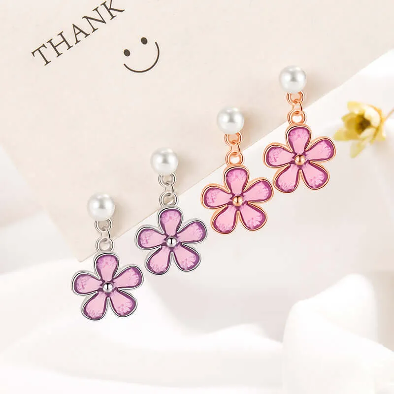 925 Silver Five Petal Flower Enamel Pearl Earrings