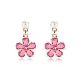 925 Silver Five Petal Flower Enamel Pearl Earrings