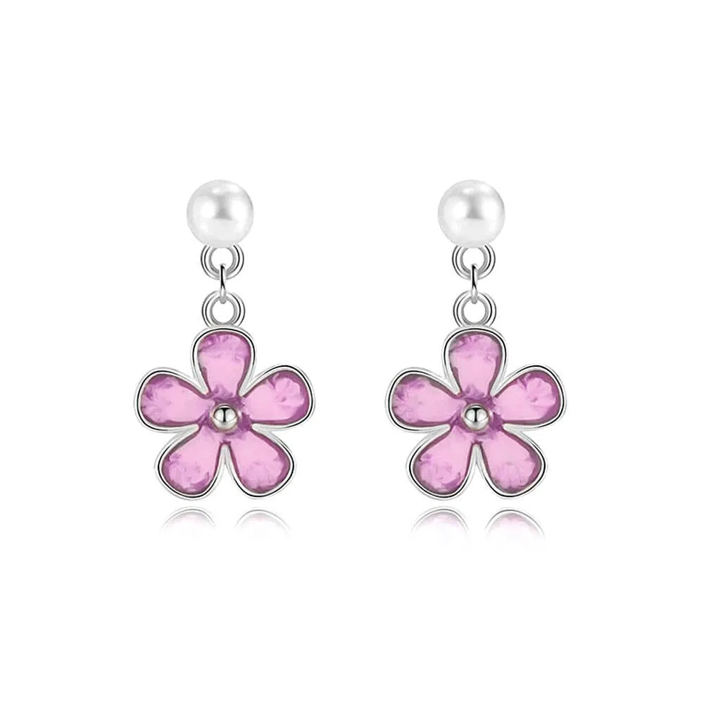 925 Silver Five Petal Flower Enamel Pearl Earrings
